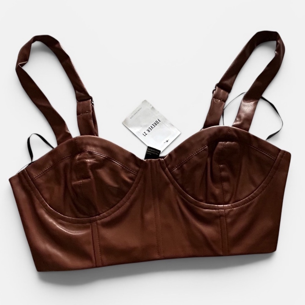 Forever 21 Faux Leather Bustier Crop Top Camel Brown Underwire Corset M Medium